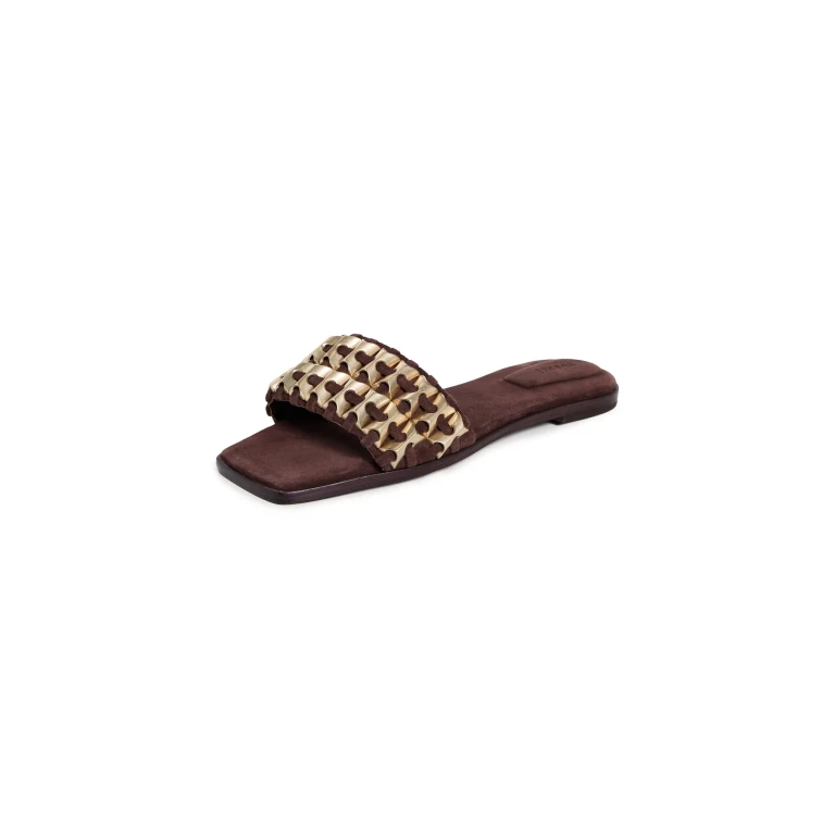 SIMKHAI Faye Beaded Suede Flat Slide Cacao 35