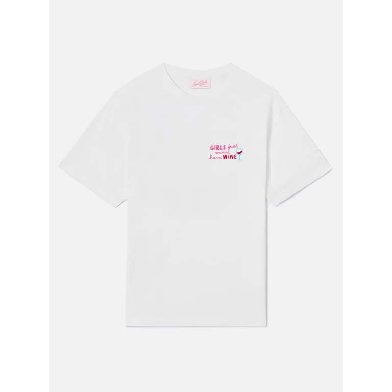 Mc2 Saint Barth White Emilie T-Shirt With Girls Just Wanna Have Wine Embroidery - Women