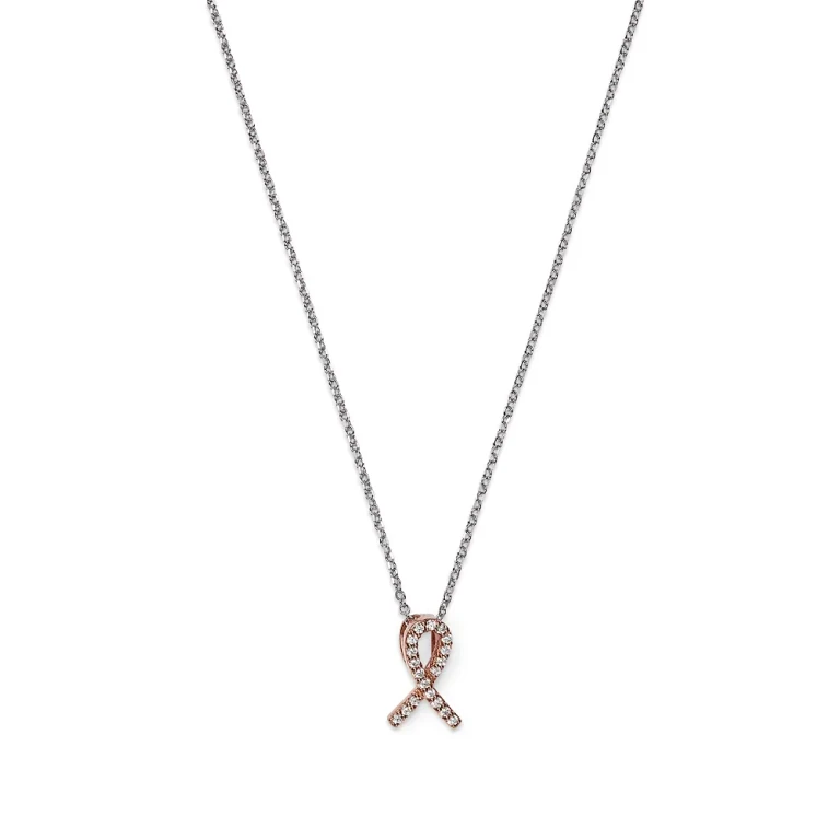 Diamond Pink Ribbon Pendant Necklace in 14K Rose and White Gold, .10 tcw