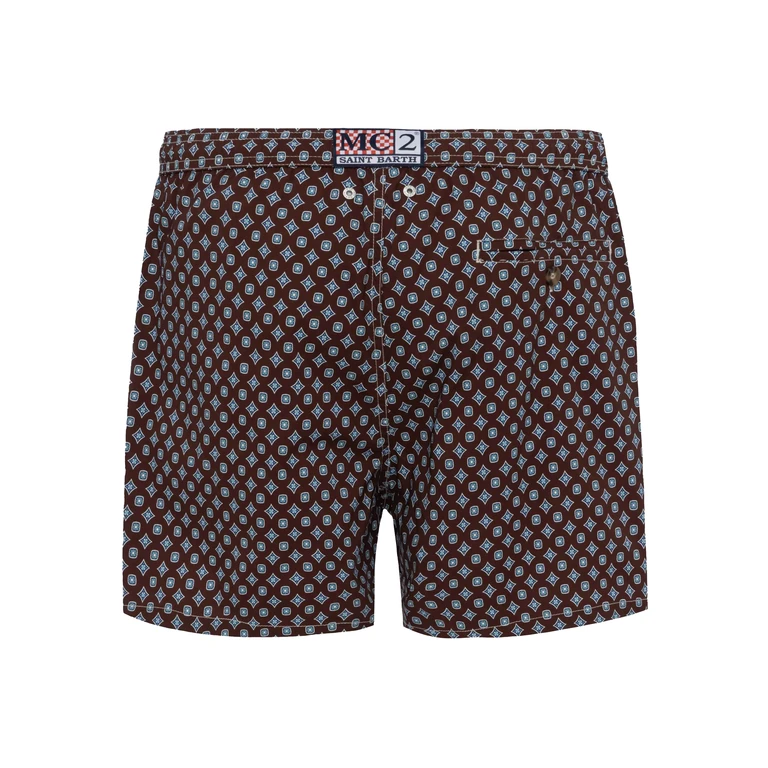 Mc2 Saint Barth Comfort Light Swim Shorts With Tie Print Brown Swimshort - Men