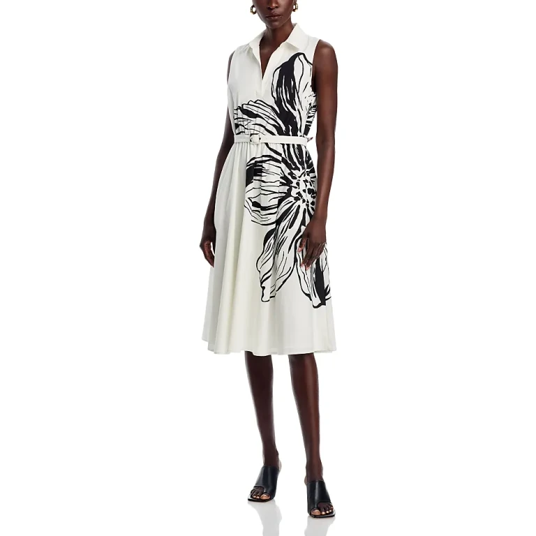 T Tahari Flower Print Belted Dress