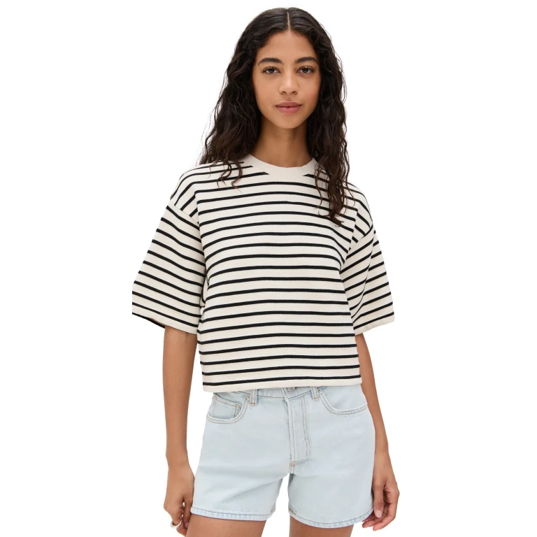 ANINE BING Myers Cropped Tee Black Stripe French Terry XS