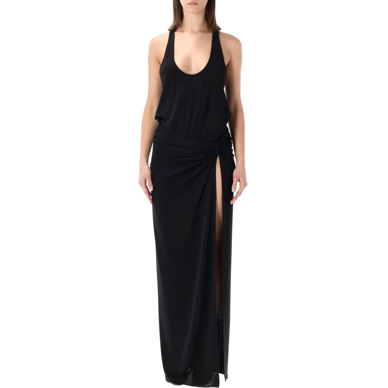 The Andamane Long Dress juno With Ruches Detail On The Front And Single Vent In Black Stretch Fabric For Women