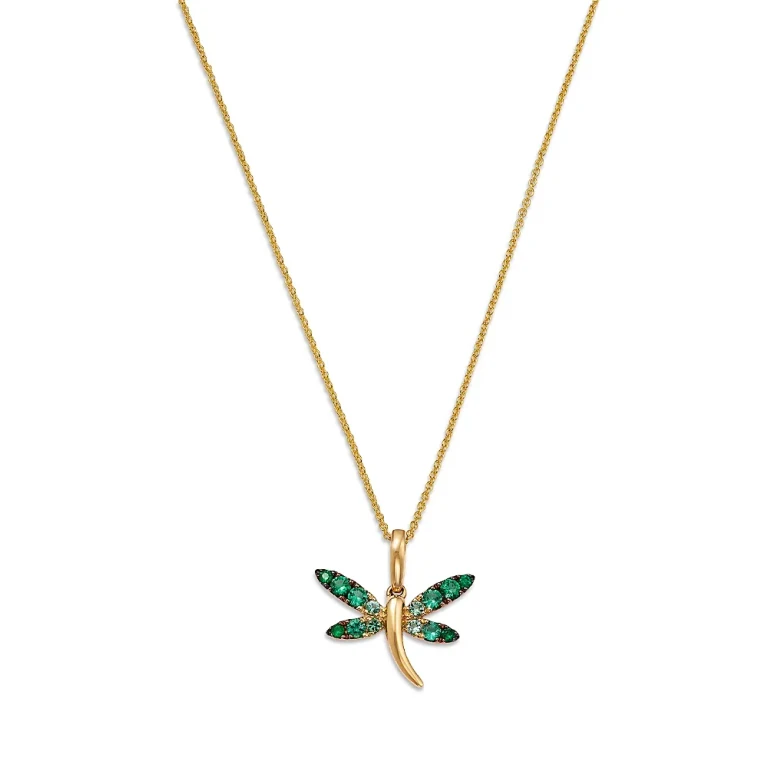 Emerald Ombre Dragonfly Pendant Necklace in 14K Yellow Gold, 20