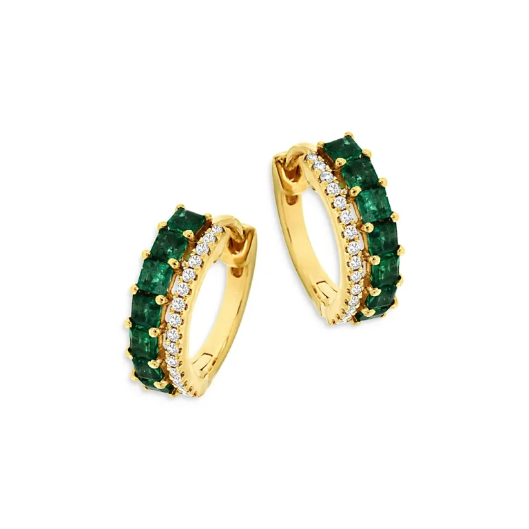 Emerald & Diamond Huggie Hoop Earrings in 14K Yellow Gold