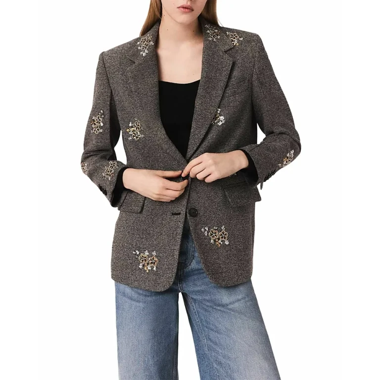 Maje Vivron Embroidered Herringbone Jacket