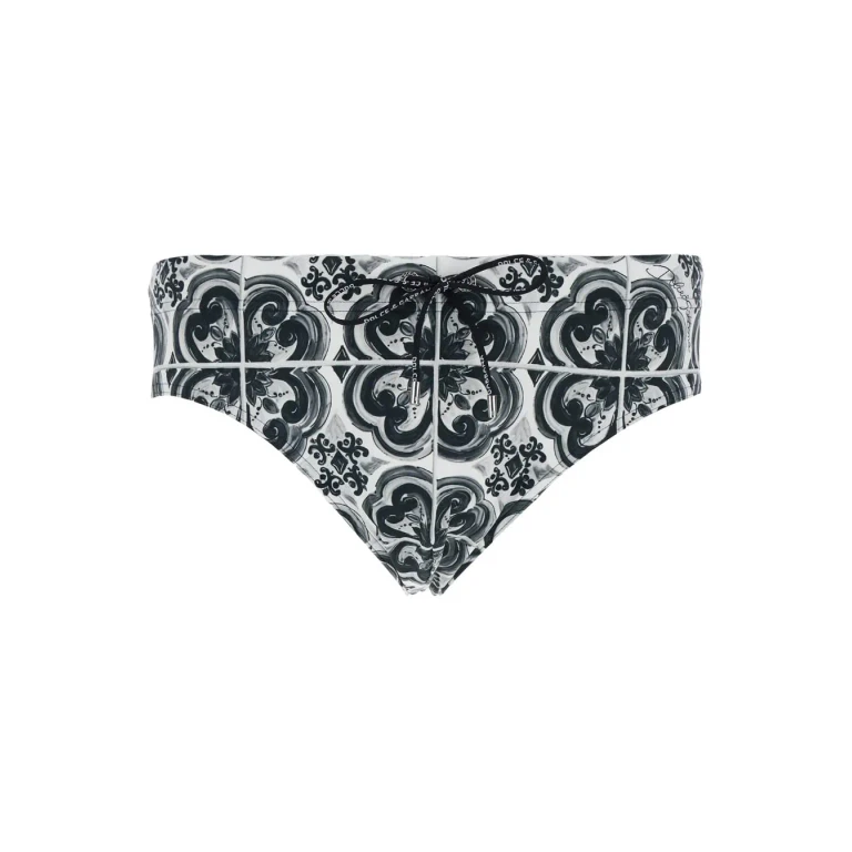Dolce & Gabbana Black And White Swimsuit With All-over Majolica Print In Techl Fabric Man