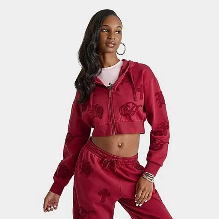 Hoodrich Women's Mist Crop Full-Zip Hoodie in Red Dahlia Size: XS