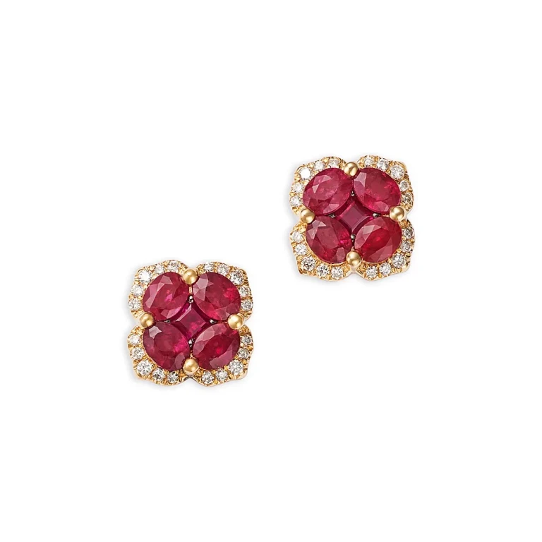 Ruby & Diamond Flower Halo Stud Earrings in 14K Yellow Gold
