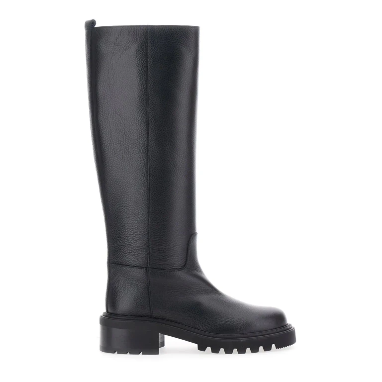 Via Roma 15 Black Knee-high Slip-on Boots In Grained Leather Woman