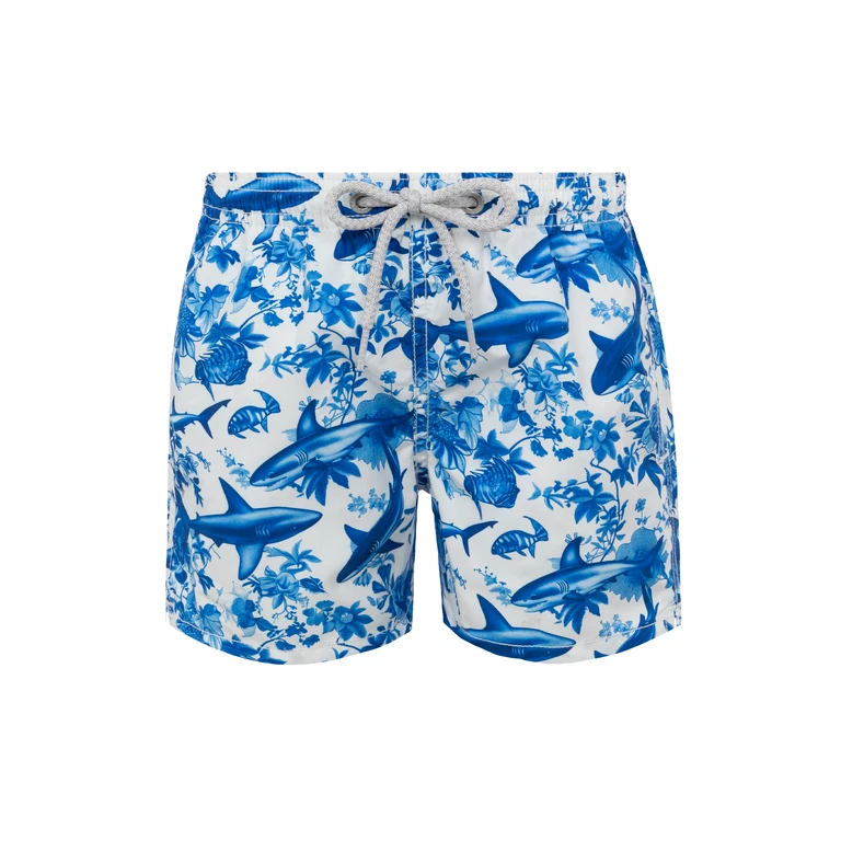 Mc2 Saint Barth Jean Mid-Length Swim Shorts With Shark Toile De Jouy Print Ai Co-Created Design By Rickdick - Powered Red-Eye White Swimshort