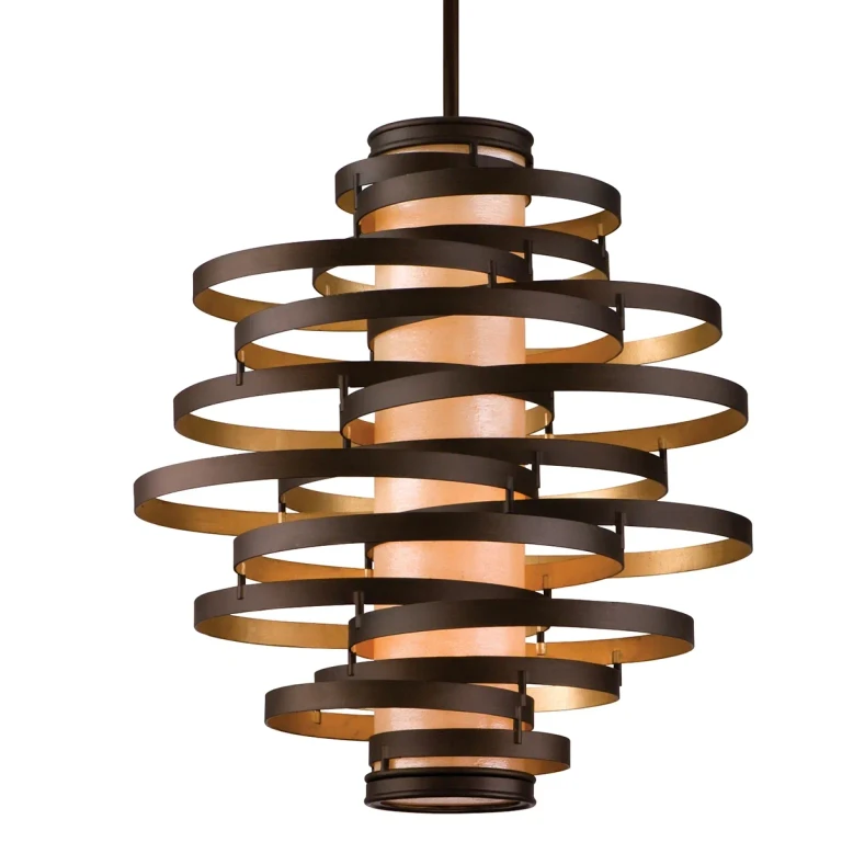 Bronze And Gold Leaf Three Light Chandelier from the Vertigo Collection