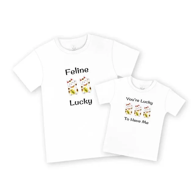 Mommy & Me Set Organic Cotton T-Shirts - Lucky Cat Maneki Neko - Lucky Cat Adult Tee in S + Kids Tee in 18-24M