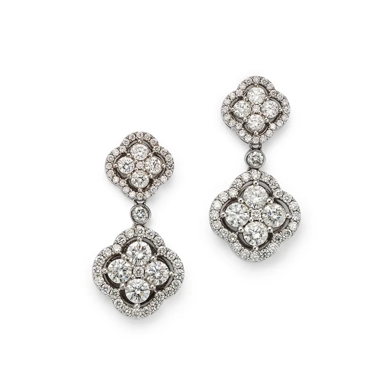 Diamond Clover Drop Earrings in 14k White Gold, 2.15 tcw