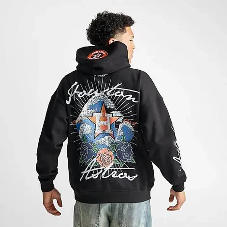 Pro Standard Men's Houston Astros MLB Wave And Roses Graphic Pullover Hoodie in Black Size: Small