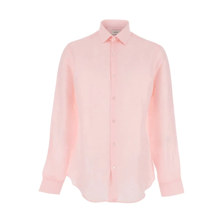 Calvin Klein Pink Shirt With Classic Collar And Long Sleeves In Linen Blend For Men