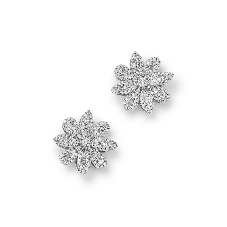Diamond Flower Stud Earrings in 14K White Gold, 1.39 tcw