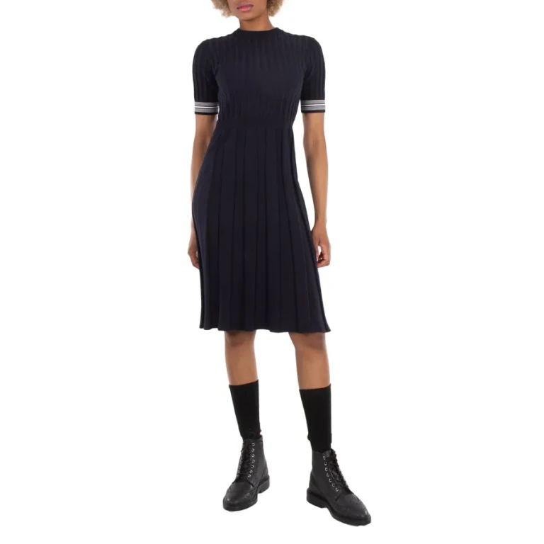 Thom Browne Ladies Cotton Pleated Cricket Striped Cable Dress