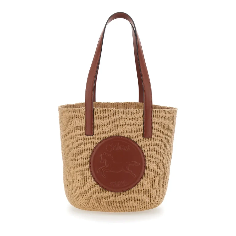 Chloé Beige horse Medal Shopper With Flat Handles And Logo Patch On Front In Straw Fabric Woman