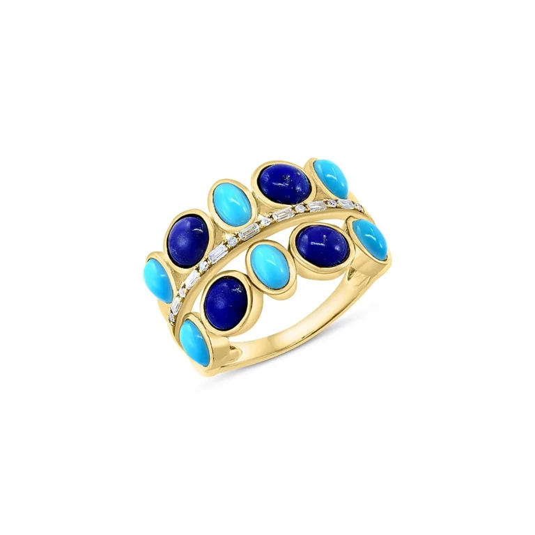 Lapis, Turquoise & Diamond Double Row Ring in 14K Yellow Gold