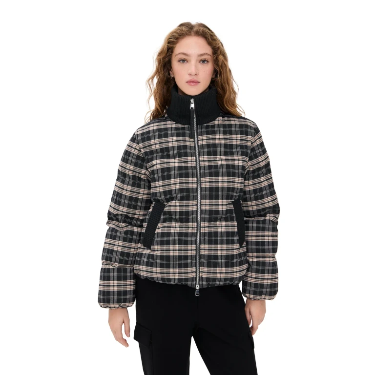 Varley Bryony Short Puffer Flannel Jacket Navy Check M