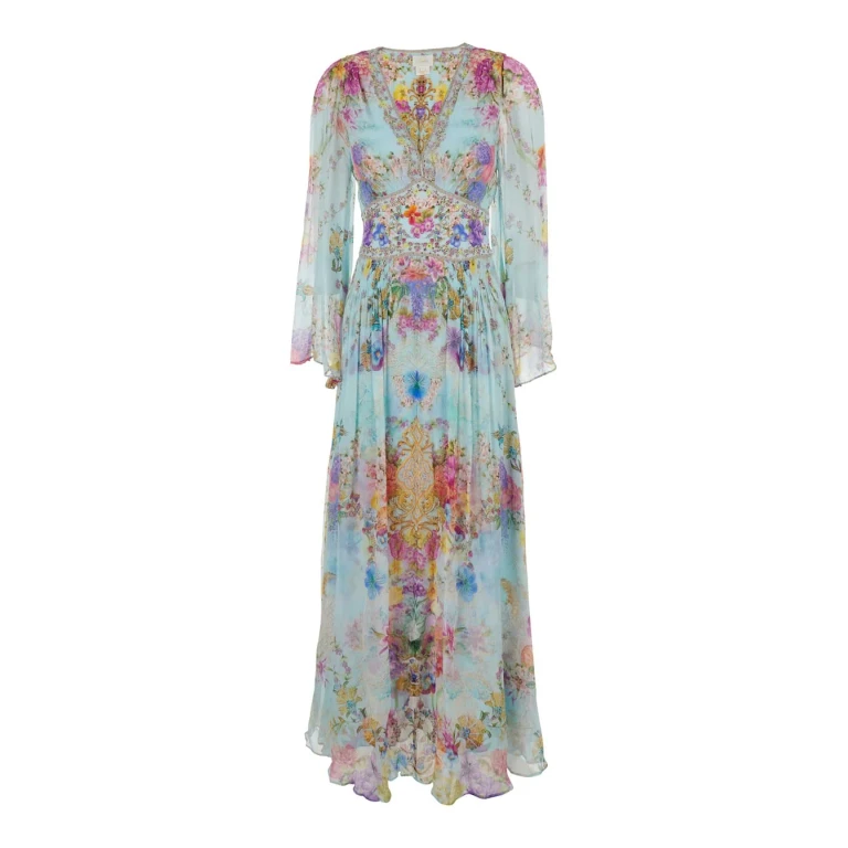 Camilla Multicolor Long Dress With V-neck And All-over Floral Print In Silk For Women
