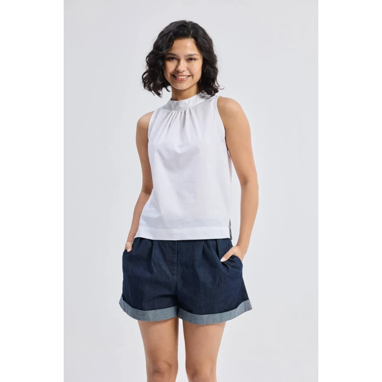 High-Neck Top with Gathers in White