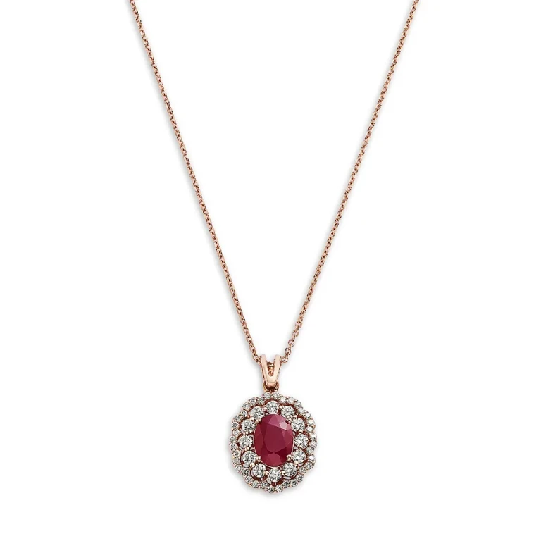 Ruby & Diamond Halo Pendant Necklace in 14K Rose Gold, 16