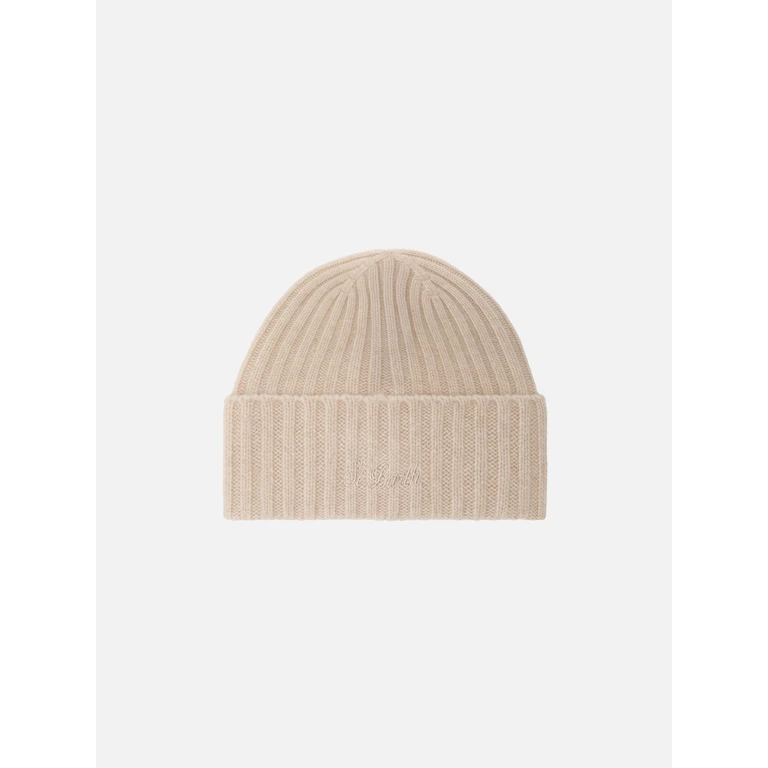 Mc2 Saint Barth Wengen Beanie Beige Melange Cashmere With St. Barth Embroidery On The Turn-Up Brown Hat - Unisex