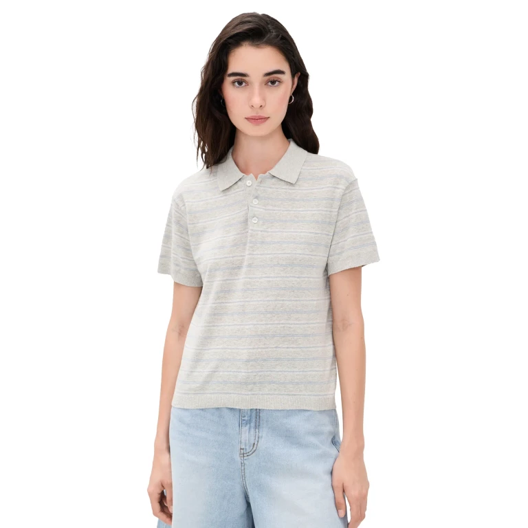 DUNST Unisex Linen Striped Polo Knit Grey/Soft Blue L