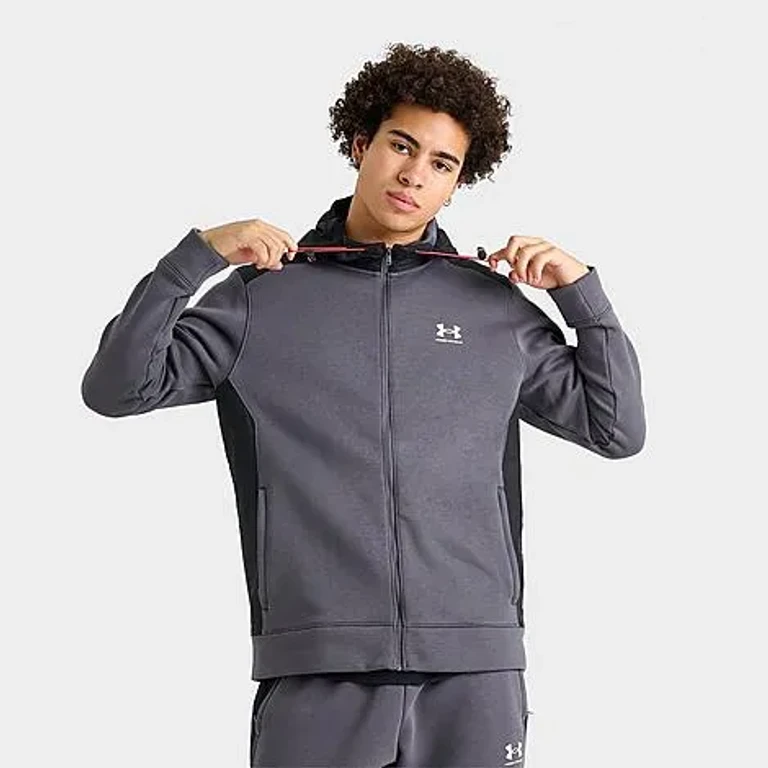Under Armour Men's Icon Fleece Blocked Full-Zip Hoodie in Castlerock/Black/White Size: Small