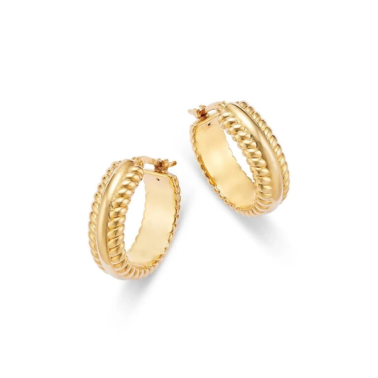Polished Rope Edged Huggie Hoop Earrings in 14K Yellow Gold