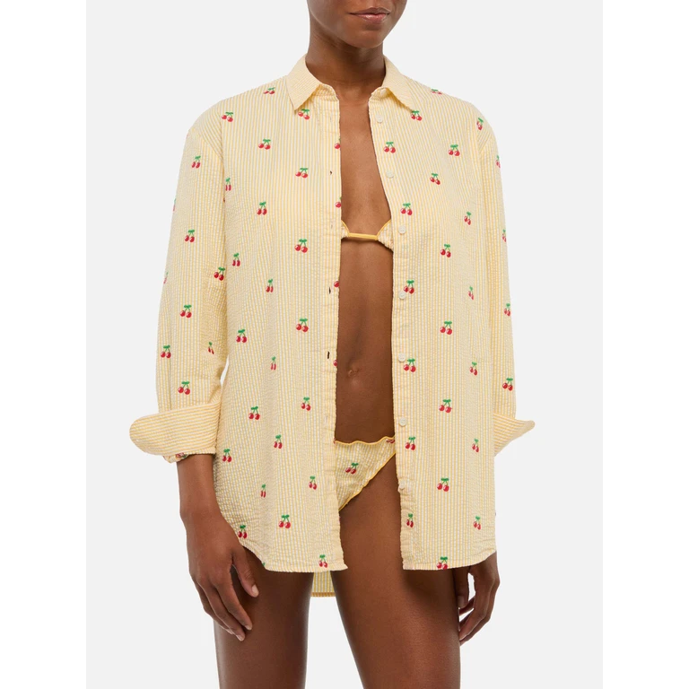 Mc2 Saint Barth Brigitte Striped-Print Seersucker Shirt With Saint Barth Embroidery Yellow - Women