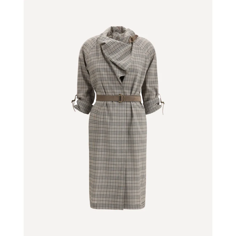 BURBERRY Wool Check Dress with a shawl collar Female 6