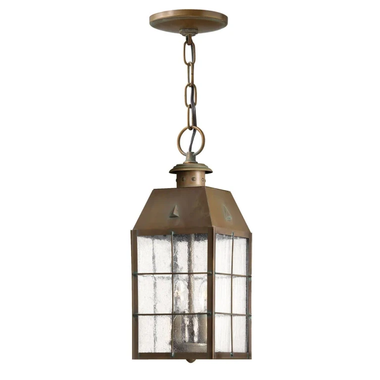 Aged Brass LED Hanging Lantern from the Nantucket Collection