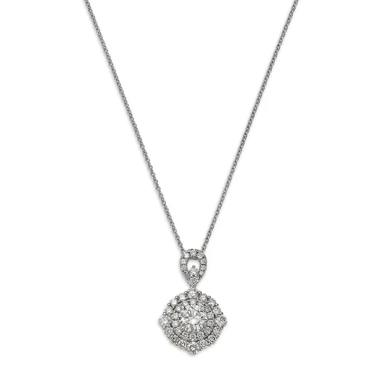 Certified Diamond Halo Pendant Necklace in 18K White Gold, 1.15 tcw