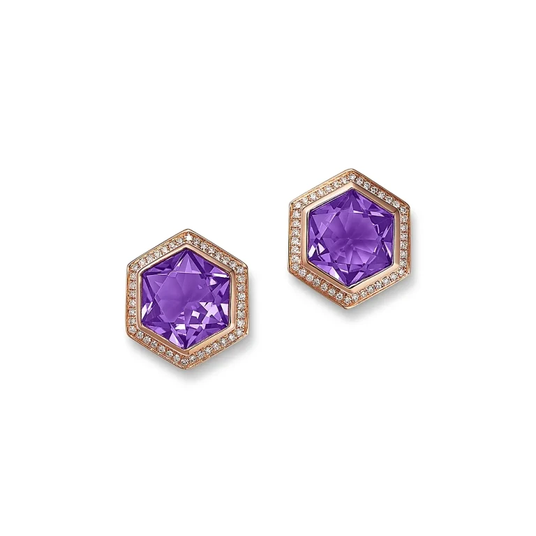 Amethyst & Diamond Bezel Stud Earrings in 14K Rose Gold