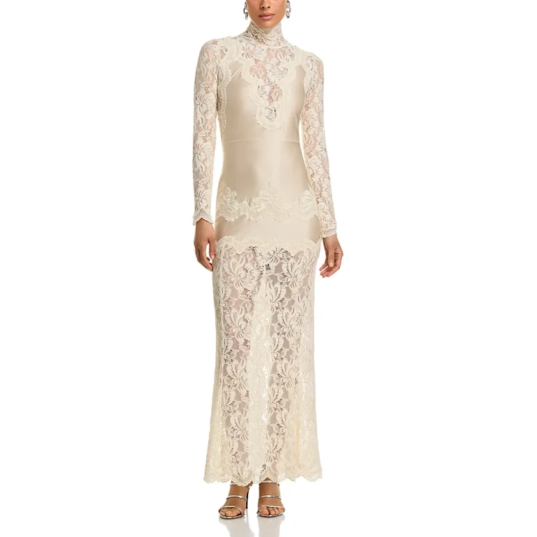 Rabanne Floral Lace Mock Neck Maxi Dress