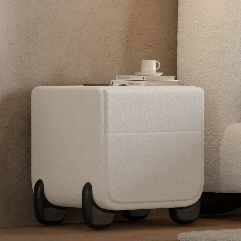 Curva Smart Boucle Nightstand with Wood Legs 2-Drawer Bedside Table in White