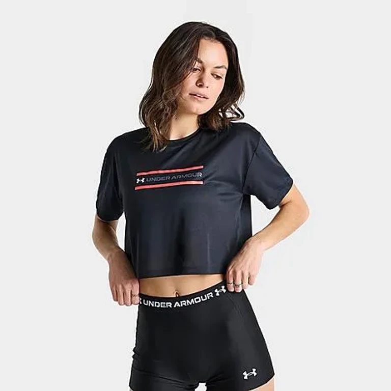 Under Armour Women's UA Tech Branded Crop Short-Sleeve T-Shirt in Black/Venom Red/White Size: XS