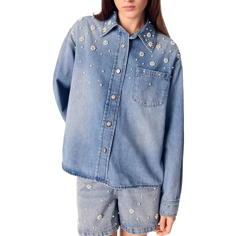 Maje Denim Shirt with Embroidered Beads
