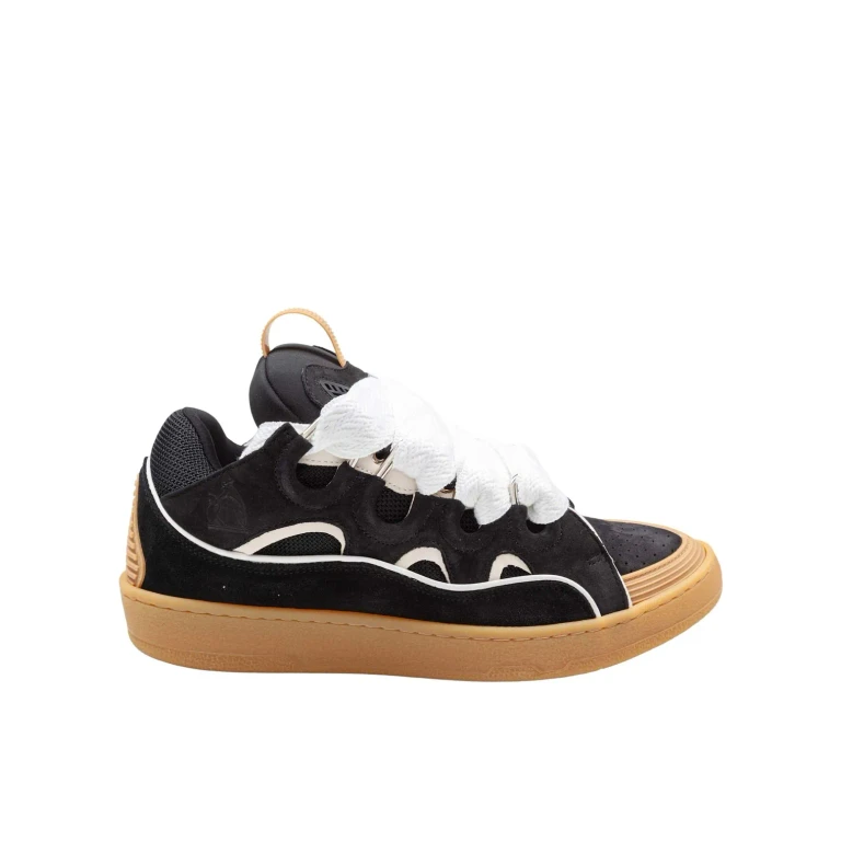 Lanvin Curb Leather And Fabric Sneakers, Black And Honey
