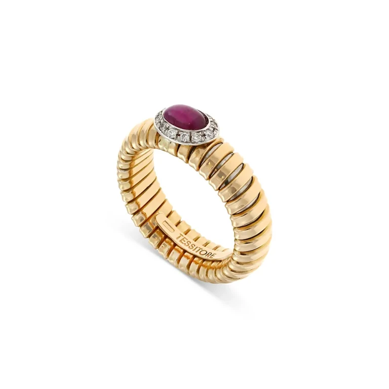 18K Yellow Gold Via Giardino Tubogas Domed Ruby Cabochon & Diamond Ring