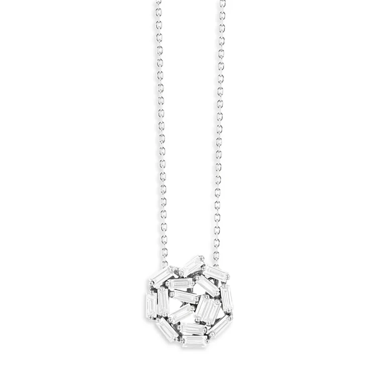 Suzanne Kalan 18K White Gold Fireworks Diamond Baguette Circle Cluster Pendant Necklace, 16-18
