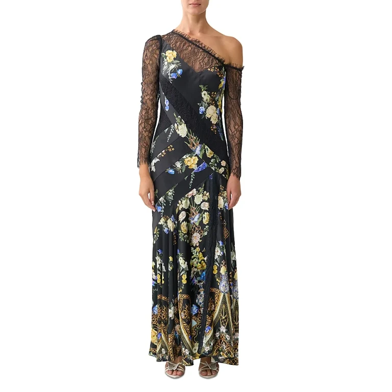 Camilla Silk Lace Spliced One Shoulder Dress