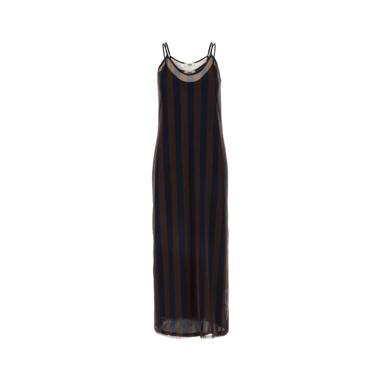 Fendi Printed Stretch Tulle Dress Cocoanavy Abiti - Women
