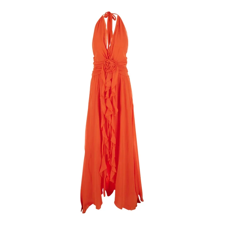 Blumarine Orange Long Dress With Halterneck And Floral Decorations In Viscose For Women