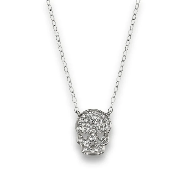 Micro Pave Diamond Skull Pendant Necklace in 14K White Gold, 0.14 tcw