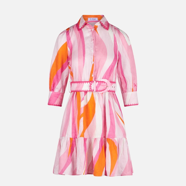 MC2 Saint Barth Shape Wave Print Linen Short Dress Daisi