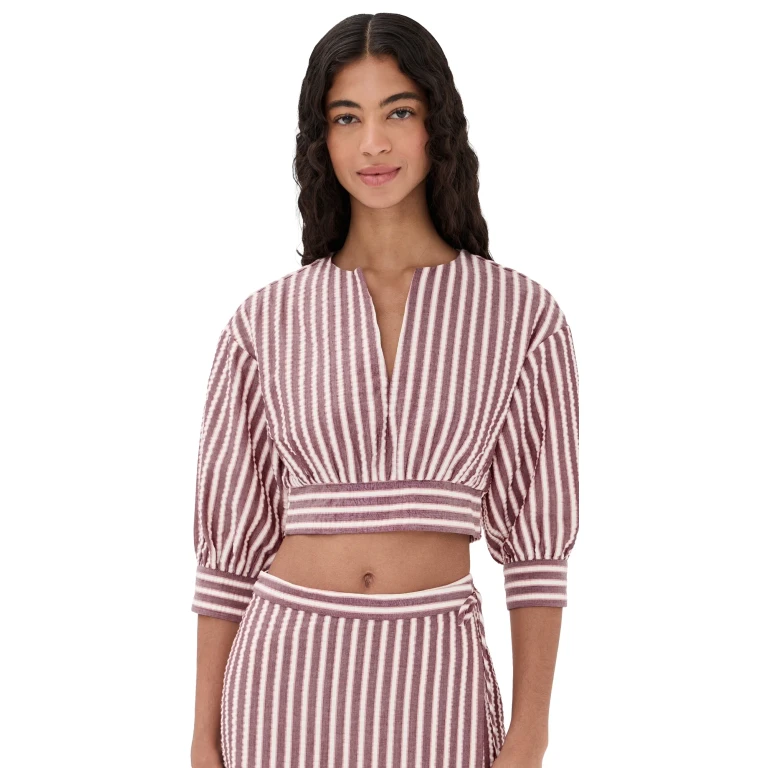 SIMKHAI Noralie Long Sleeve Cropped Shirt Oxblood Stripe L